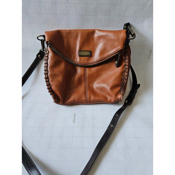 Chala Crossbody Purse Cognac Brown Whipstitch Faux Leather Adjustable Strap Polk - Picture 1 of 7